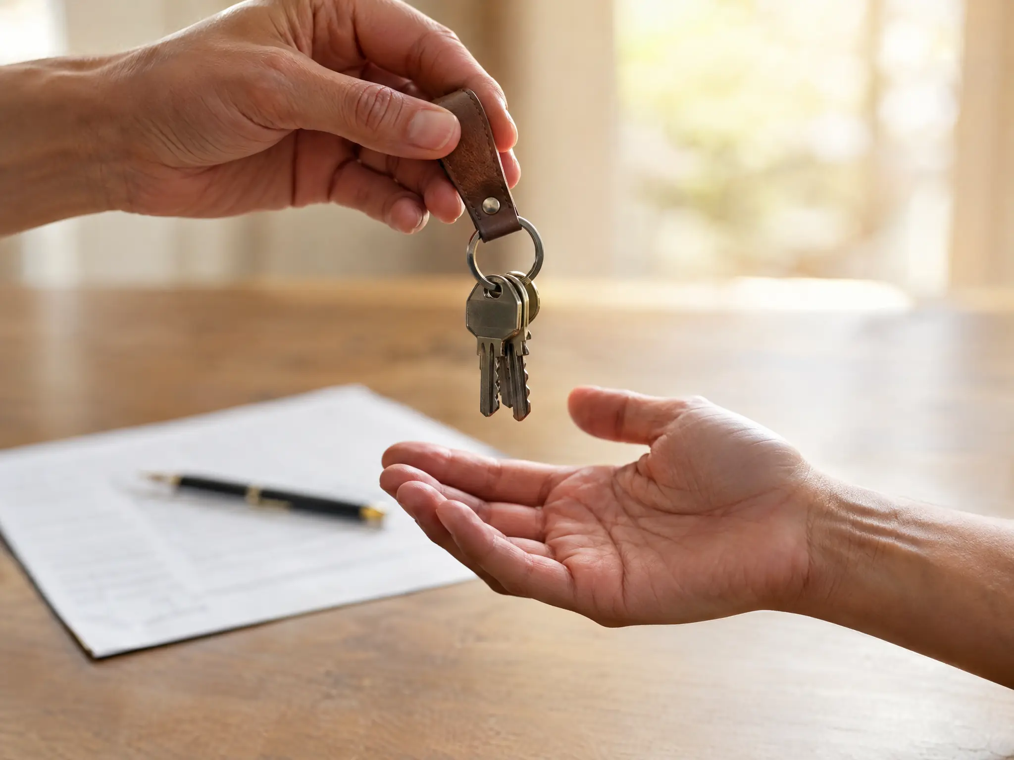 Euríbor hoy Una mano entrega las llaves de una casa a otra sobre una mesa con un contrato firmado