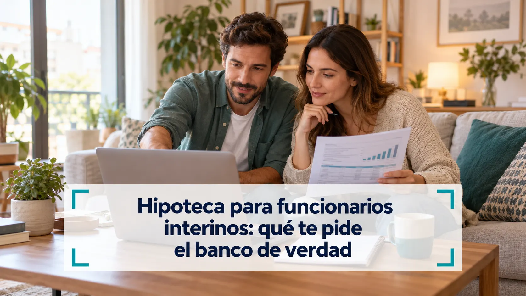 Pareja sentada en el sofá de su salón consultando un portátil y revisando un informe financiero con gráficos, ilustrando el proceso de solicitud de hipoteca para funcionarios interinos.