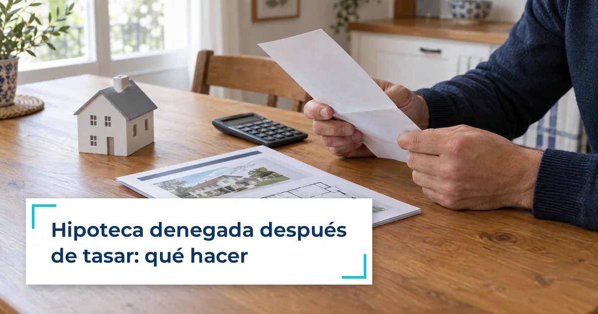 Comprador leyendo la carta de denegación de su hipoteca junto al informe de tasación de la vivienda