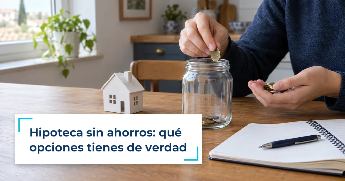 Persona metiendo monedas en un bote casi vacío junto a una maqueta de casa